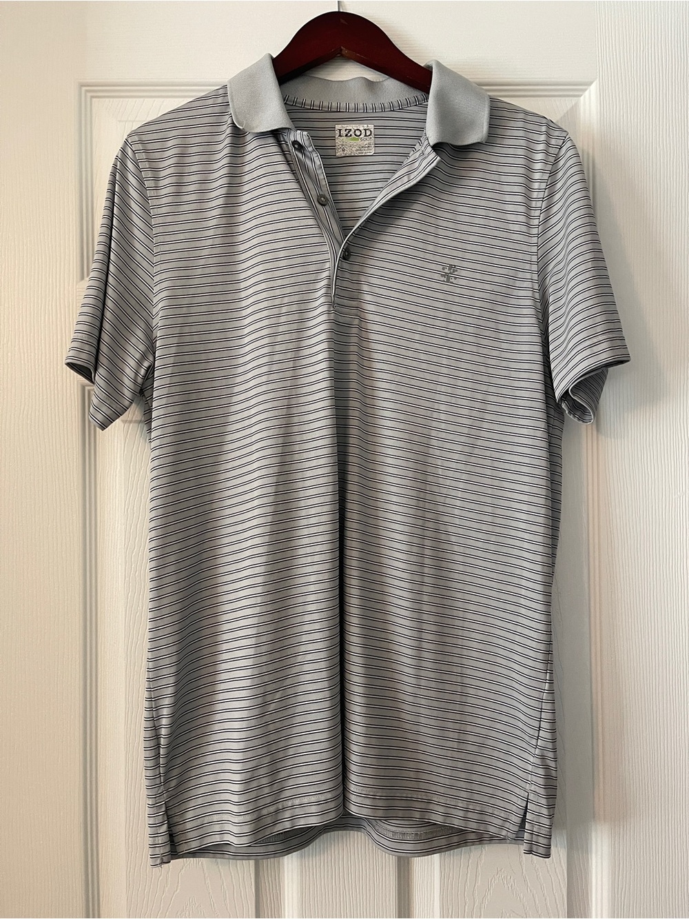 Izod Light Gray Polo with Thin Navy Stripes